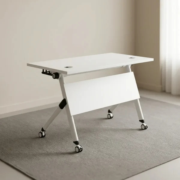 White foldable training table featuring a flip-top white laminate surface, built-in dual cable management grommets, integrated modesty panel, quick-release folding mechanism, and white powder-coated metal legs on locking dual-wheel casters for easy stacking and mobility.