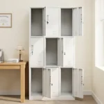 Lockable 9-door steel locker cabinet featuring a durable white powder-coated metal frame, nine individual key-lockable compartments arranged in a 3x3 grid, embedded vertical pull handles, card/label slot holders, and bottom ventilation louvers on each door for airflow.
