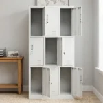 Lockable 9-door steel locker cabinet featuring a durable white powder-coated metal frame, nine individual key-lockable compartments arranged in a 3x3 grid, embedded vertical pull handles, card/label slot holders, and bottom ventilation louvers on each door for airflow.