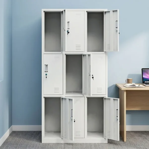 Metallic 9-locker file cabinet featuring a durable white powder-coated steel construction, nine individual key-lockable compartments arranged in a 3x3 grid, recessed vertical pull handles, card/label slot holders, and bottom ventilation louvers on each door for airflow.