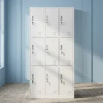 Lockable 9-door steel locker cabinet featuring a durable white powder-coated metal frame, nine individual key-lockable compartments arranged in a 3x3 grid, embedded vertical pull handles, card/label slot holders, and bottom ventilation louvers on each door for airflow.