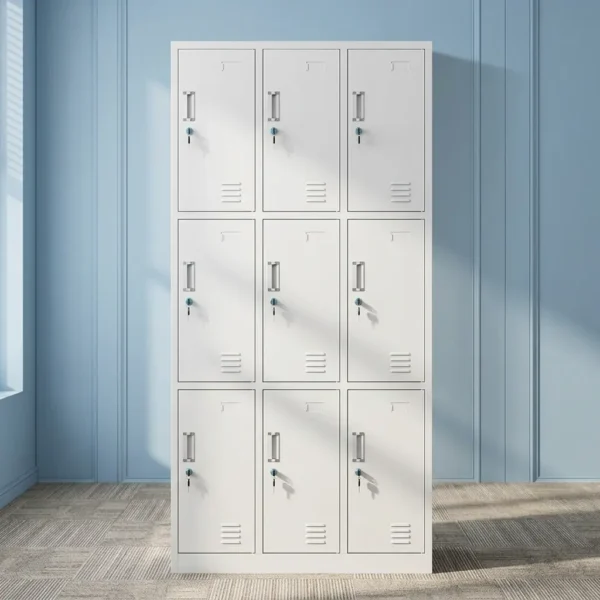 Lockable 9-door steel locker cabinet featuring a durable white powder-coated metal frame, nine individual key-lockable compartments arranged in a 3x3 grid, embedded vertical pull handles, card/label slot holders, and bottom ventilation louvers on each door for airflow.