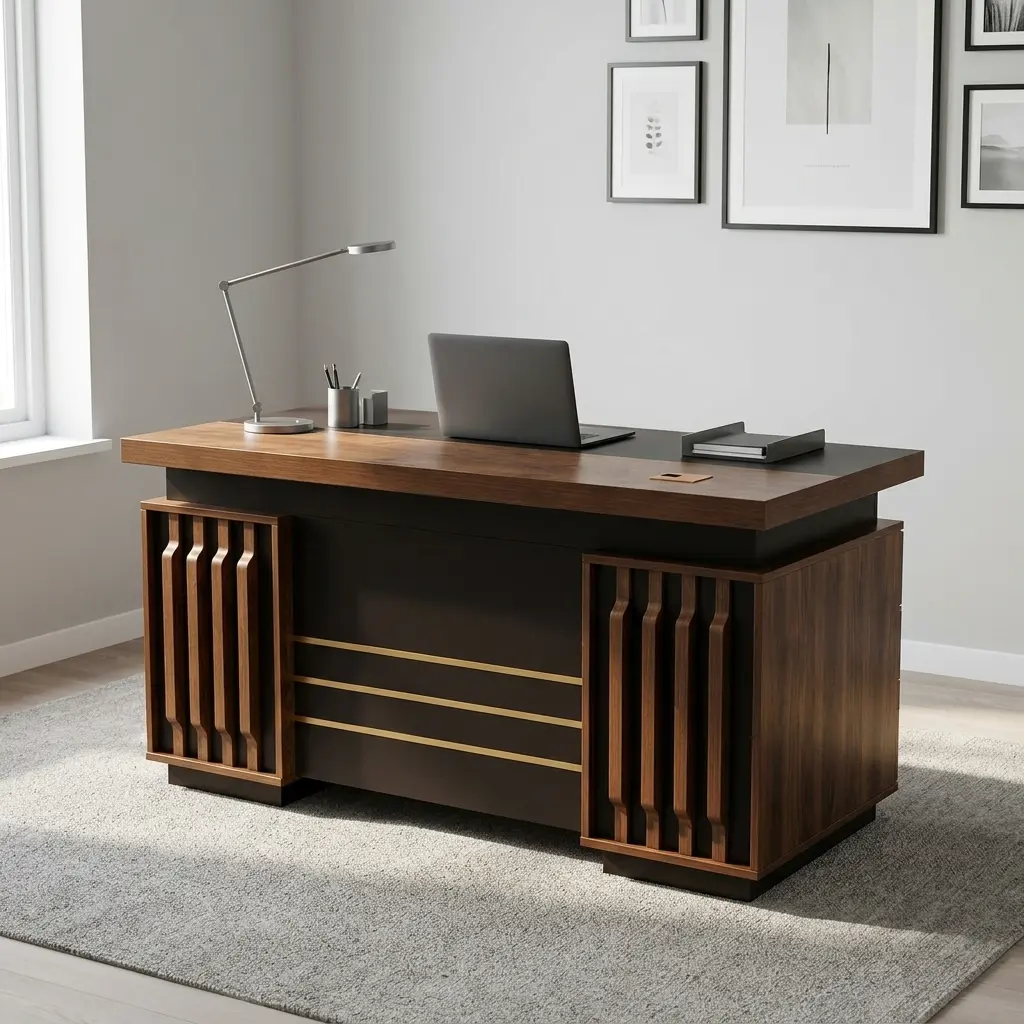 Executive 1.4m office desk featuring a dark walnut wood-grain finish with charcoal grey accents, integrated cable management grommets, dual pedestal storage comprising a single door cabinet and a locking 3-drawer unit with brass-tone handles, and a decorative front modesty panel accented with vertical slatted panels and horizontal gold stripes.