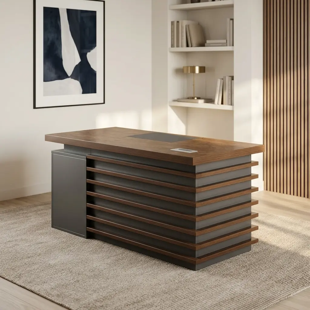 1.2m x 0.6m executive office table featuring a warm walnut finish tabletop with a flush leatherette writing pad inlay, a flip-top cable grommet, a three-drawer lockable storage pedestal with modern metallic handles, and a decorative charcoal grey base with horizontal wood-slat side paneling.