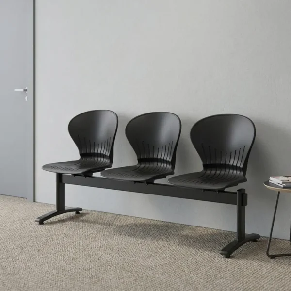 Black plastic waiting bench featuring three contoured polypropylene plastic seats with vertical backrest ventilation slots, mounted on a heavy-duty black powder-coated steel beam frame with sturdy T-leg base supports.