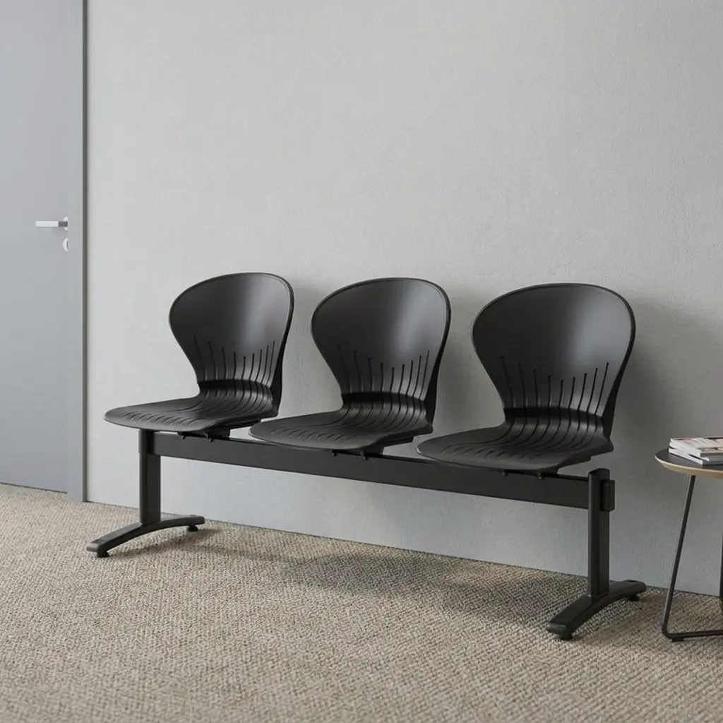 Black plastic waiting bench featuring three contoured polypropylene plastic seats with vertical backrest ventilation slots, mounted on a heavy-duty black powder-coated steel beam frame with sturdy T-leg base supports.