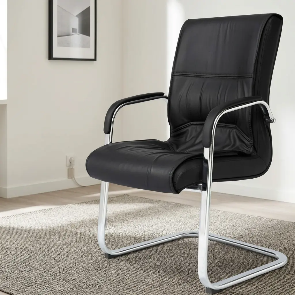 Black leather visitor seat featuring supple black leatherette upholstery with stitched paneling and plush padding, fixed armrests with black protective pads, and a polished chrome-finished cantilever sled base frame.