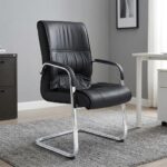 Black leather visitor seat featuring supple black leatherette upholstery with stitched paneling and plush padding, fixed armrests with black protective pads, and a polished chrome-finished cantilever sled base frame.