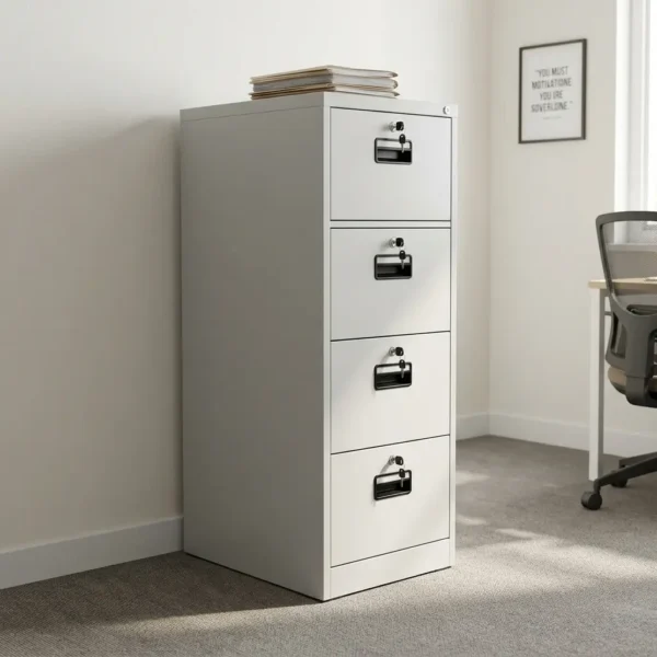 4-drawer filing cabinet featuring a durable light grey steel construction, four vertically stacked file drawers with black recessed cup handles, and individual key locks on each drawer for independent secure document storage.