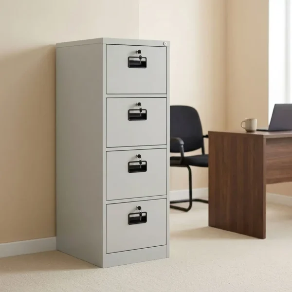 Lockable 4-drawer filing cabinet featuring a durable powder-coated light grey steel construction, four deep vertical drawers with black recessed pull handles, and individual key locks on each drawer for secure storage.