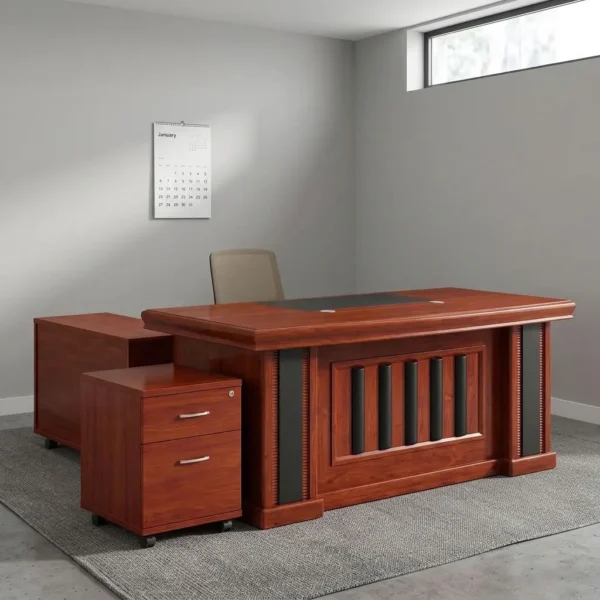 Executive 160cm office desk featuring a classic rich cherry wood-grain finish, a central black leatherette writing pad inlay, integrated cable grommets, a decorative front modesty panel with vertical black slats, an attached side return cabinet, and a matching mobile 2-drawer locking pedestal on casters.