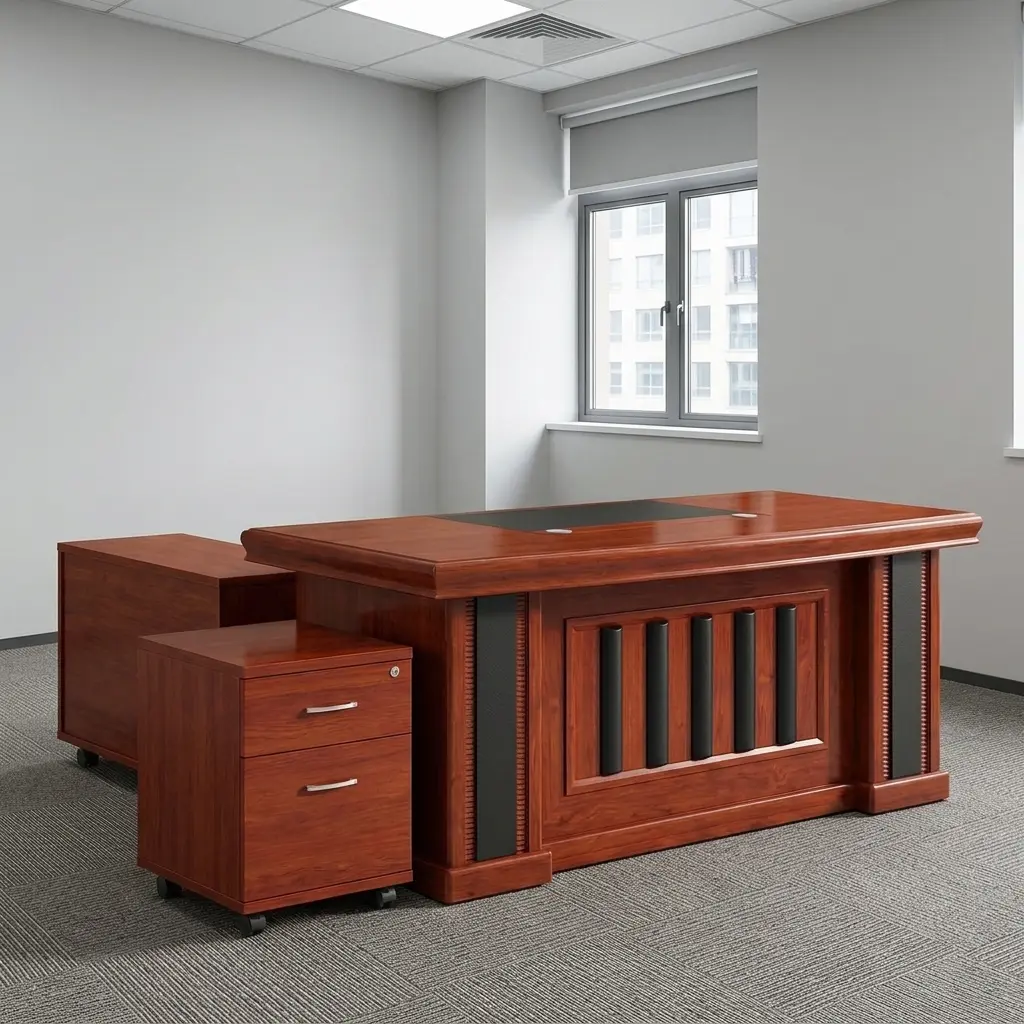 Executive 180cm office desk featuring a classic rich cherry wood-grain finish, a central black leatherette writing pad inlay, integrated cable grommets, a decorative front modesty panel with vertical black slats, an attached side return cabinet, and a matching mobile 2-drawer locking pedestal on casters.
