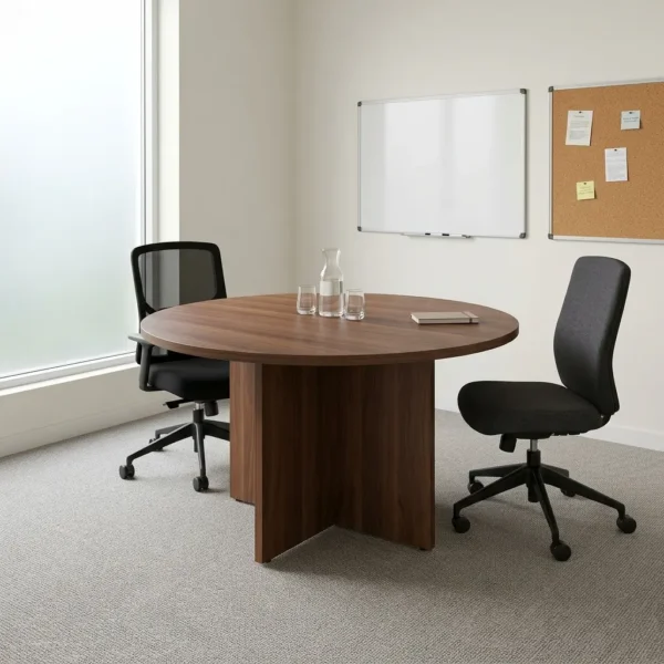 4-seater round meeting table featuring a rich dark walnut wood-grain laminate finish, a smooth circular tabletop, and a sturdy matching wood cross-panel pedestal base.