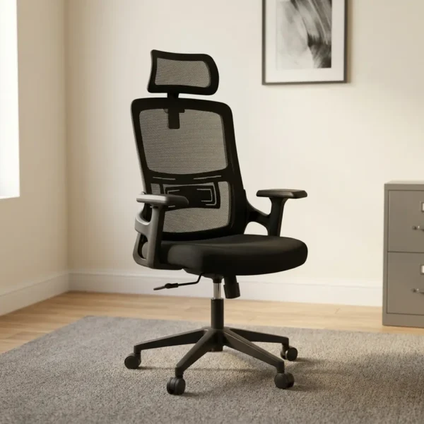 High back staff office seat featuring an ergonomic mesh backrest with an adjustable headrest, built-in lower lumbar support panel, contoured padded seat cushion, 2D adjustable T-armrests, pneumatic height adjustment, and a sturdy black five-star swivel base on dual-wheel casters.