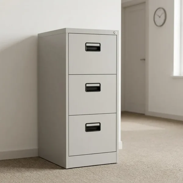 Lockable 3-drawer filing cabinet featuring a durable powder-coated light grey steel construction, three deep vertical drawers with black recessed cup handles, label slots, and a top central key lock mechanism for secure storage.