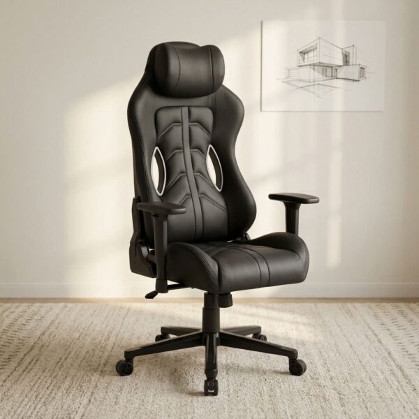 High back recliner gaming chair featuring sleek black faux leather upholstery, a padded integrated headrest cushion, segmented ergonomic back stitching, 2D adjustable T-armrests, recliner mechanism lever, and a sturdy black five-star swivel base on smooth-rolling casters.