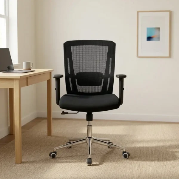 Medium back orthopedic office chair featuring a breathable black mesh backrest with integrated lumbar support, a contoured padded black fabric seat cushion, height-adjustable T-armrests, pneumatic height adjustment lever, and a sleek chrome five-star swivel base on smooth-rolling casters.