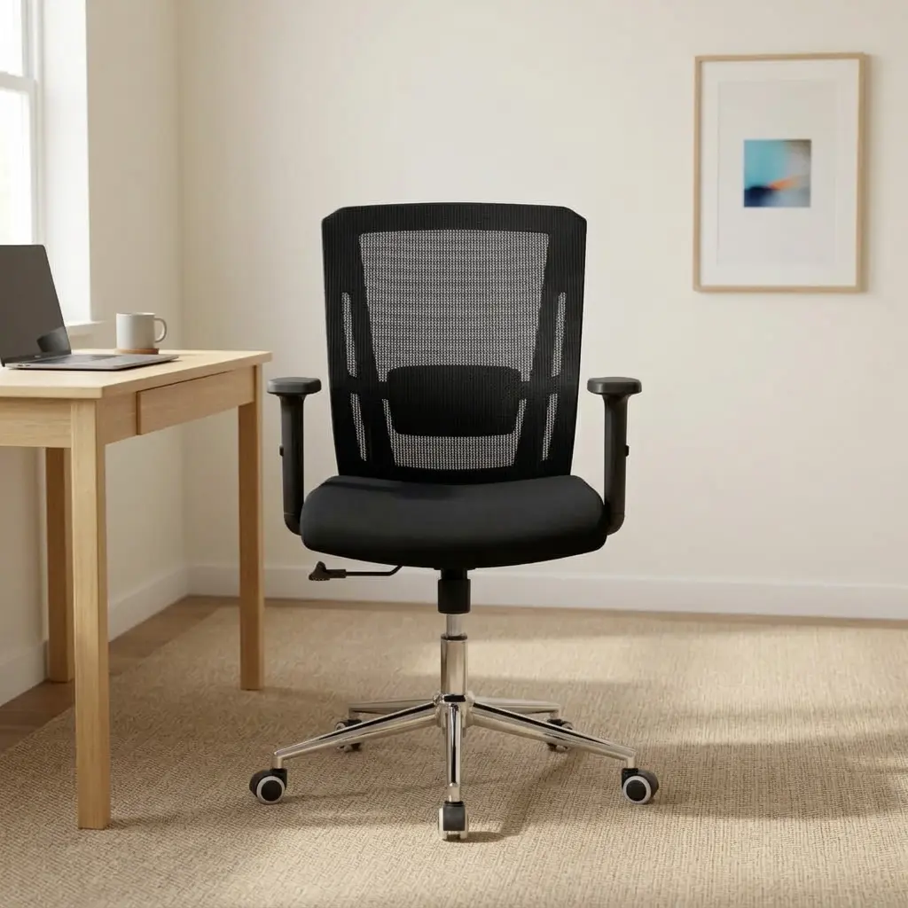 Medium back orthopedic office chair featuring a breathable black mesh backrest with integrated lumbar support, a contoured padded black fabric seat cushion, height-adjustable T-armrests, pneumatic height adjustment lever, and a sleek chrome five-star swivel base on smooth-rolling casters.