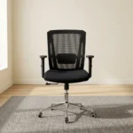Medium back orthopedic office chair featuring a breathable black mesh backrest with integrated lumbar support, a contoured padded black fabric seat cushion, height-adjustable T-armrests, pneumatic height adjustment lever, and a sleek chrome five-star swivel base on smooth-rolling casters.