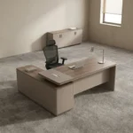 1.4m managerial office desk featuring a modern two-tone design in light walnut and taupe grey, an L-shaped layout with an attached side return storage unit, an elevated top section with built-in cable management outlets, and a full modesty panel.