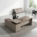 1.4m managerial office desk featuring a modern two-tone design in light walnut and taupe grey, an L-shaped layout with an attached side return storage unit, an elevated top section with built-in cable management outlets, and a full modesty panel.