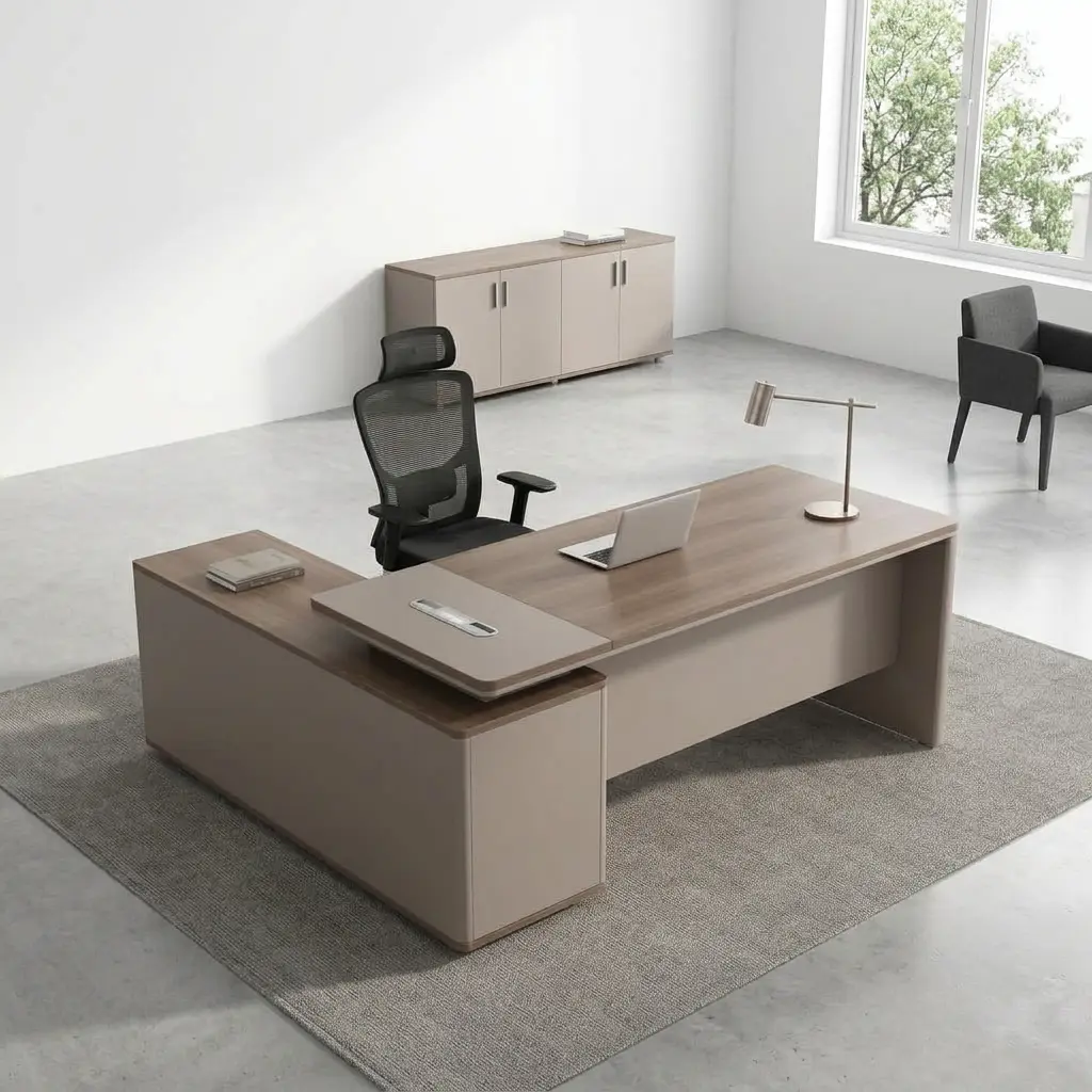 1.4m managerial office desk featuring a modern two-tone design in light walnut and taupe grey, an L-shaped layout with an attached side return storage unit, an elevated top section with built-in cable management outlets, and a full modesty panel. 1.4m managerial office desk featuring a modern two-tone design in light walnut and taupe grey, an L-shaped layout with an attached side return storage unit, an elevated top section with built-in cable management outlets, and a full modesty panel.