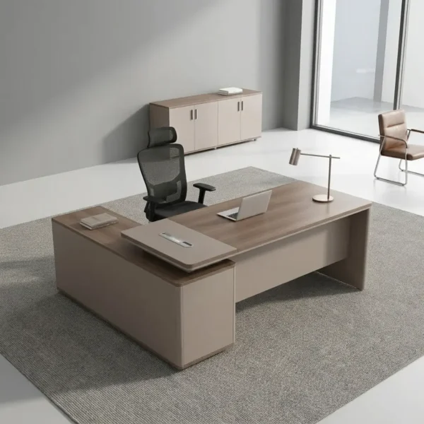 Managerial 1.4m office desk featuring a modern two-tone light walnut and taupe grey finish, an L-shaped layout with an integrated side return cabinet, an elevated desktop shelf with built-in cable management ports, and a full-length modesty panel.