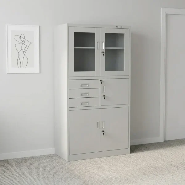Steel cabinet with safe featuring a powder-coated light grey finish, a top double-door glass display cabinet with key lock, a middle section with three drawers alongside a locked safe compartment, and a bottom double steel-door storage locker with key lock.