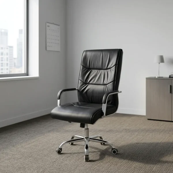 High back swivel conference chair featuring premium black leatherette upholstery, a padded high backrest with subtle horizontal tufting, chrome loop armrests with padded black arm caps, pneumatic height adjustment, and a polished chrome five-star swivel base on smooth-rolling casters.