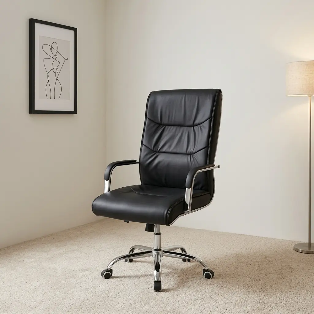 Swivel leather high back office seat featuring black leatherette upholstery, a padded high backrest with horizontal panel stitching, chrome loop armrests with padded black arm caps, pneumatic height adjustment mechanism, and a polished chrome five-star swivel base on smooth-rolling casters.