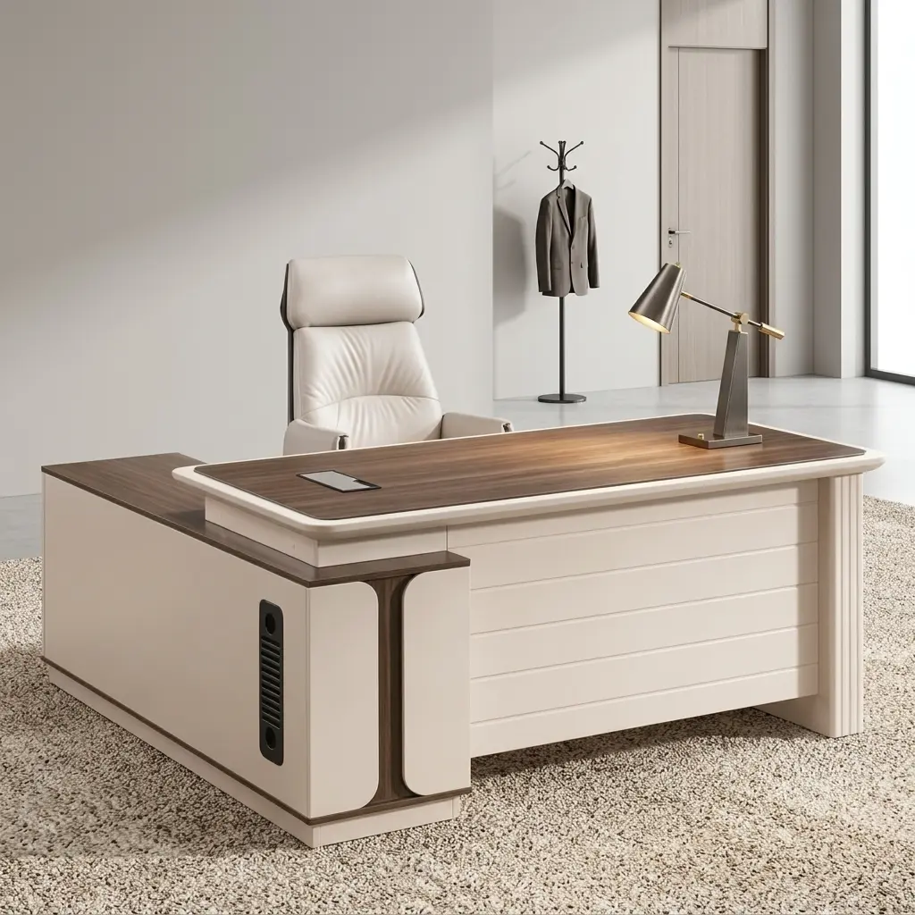 1800mm L-shaped executive table featuring a two-tone design with dark walnut surfaces and a light cream base, a spacious main desk with rounded edges and an integrated cable pop-up outlet, a horizontal slat-textured modesty panel, and an extended side return cabinet.
