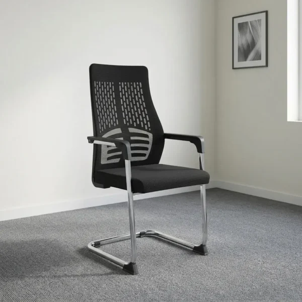 Ergonomic mesh waiting seat featuring a breathable black patterned mesh backrest with integrated rib-pattern lumbar support, a contoured padded black fabric seat cushion, fixed loop armrests, and a sturdy chrome cantilever sled base with protective floor glides.