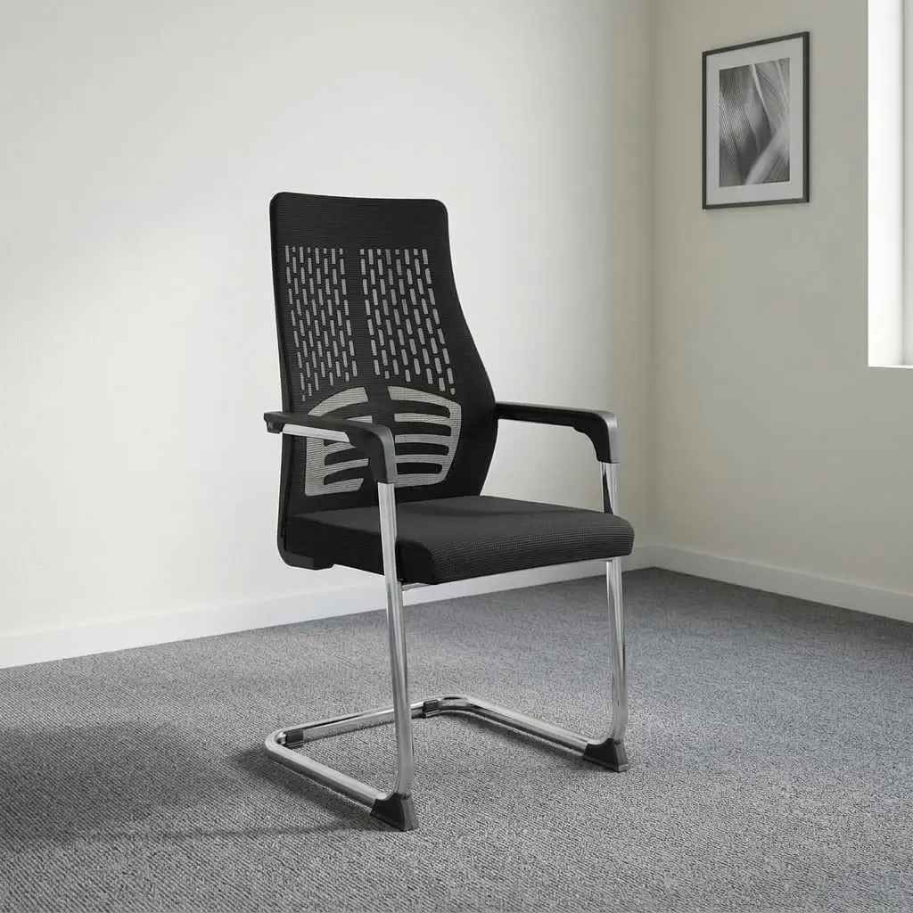 Ergonomic mesh waiting seat featuring a breathable black patterned mesh backrest with integrated rib-pattern lumbar support, a contoured padded black fabric seat cushion, fixed loop armrests, and a sturdy chrome cantilever sled base with protective floor glides.