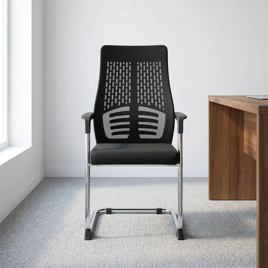 Mesh ergonomic visitor chair featuring a breathable black patterned mesh backrest with integrated spine and rib-pattern lumbar support, a contoured padded black fabric seat cushion, fixed T-style armrests, and a sturdy chrome cantilever sled base with anti-slip floor glides.