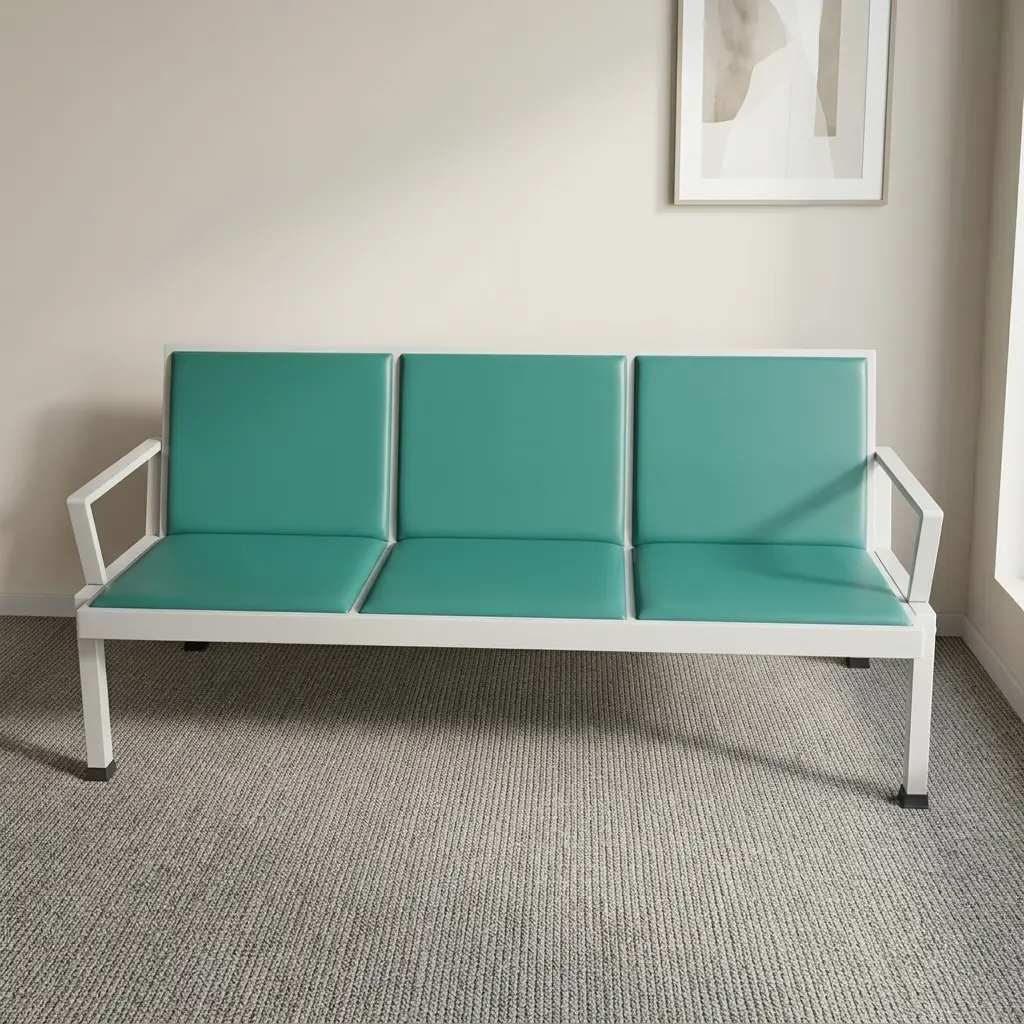 Green 3-link padded waiting bench featuring three cushioned seafoam green leatherette seats and backrests, a powder-coated white metal frame, angular side armrests, and sturdy straight metal legs with black protective end caps.
