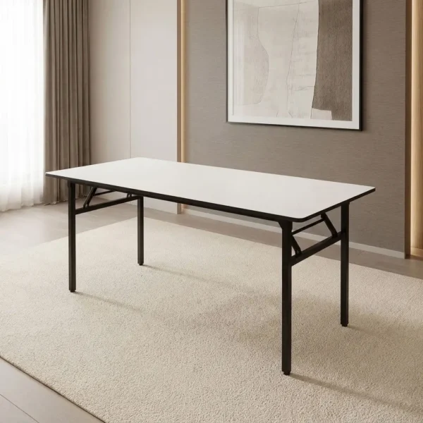 1.8m foldable training table featuring a smooth white laminate tabletop with dark trim, supported by a heavy-duty black powder-coated steel frame with collapsible fold-flat legs and cross-brace locking mechanisms.
