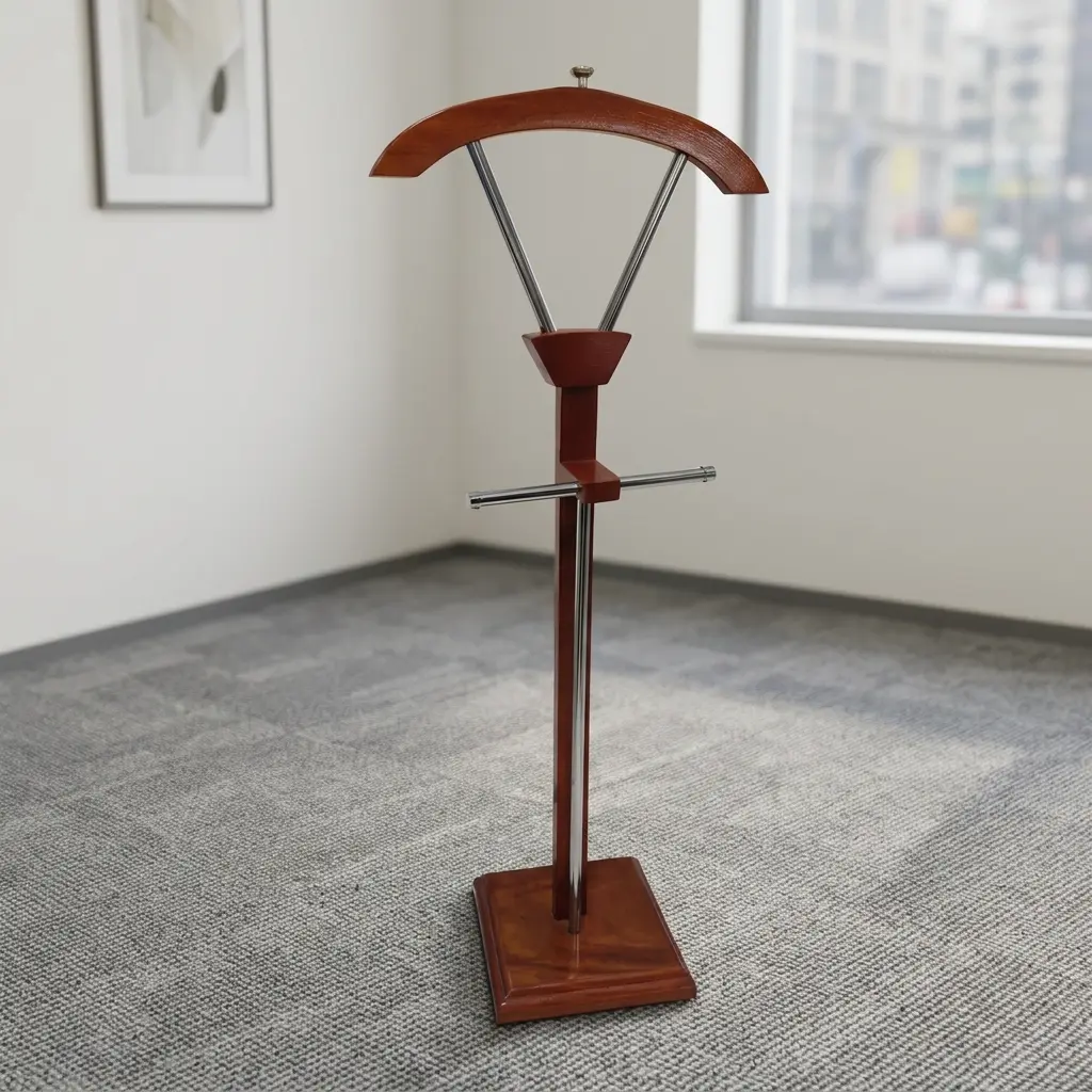Vertical mahogany coat hanger featuring a rich reddish-brown wood finish with polished metal accents, an contoured jacket hanger top supported by V-shaped chrome rods, a horizontal metal tie and trouser bar, and a sturdy rectangular wooden pedestal base.