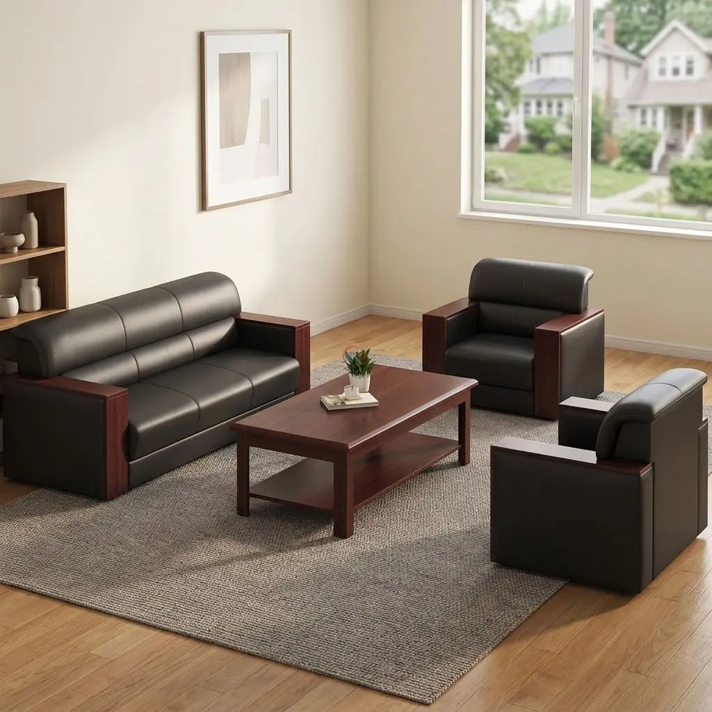 5 seater sofa set featuring premium black leatherette upholstery, a 3-seater couch and two matching single armchairs with structured wooden armrests in a dark cherry finish, and a rectangular wooden coffee table with a lower storage shelf.