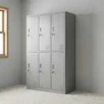 6-door steel storage locker cabinet featuring a light grey powder-coated metal finish, six individual locking compartments arranged in a 3-column by 2-tier layout, key locks with keyrings, recessed vertical handles, ventilation louvers, and built-in label holders on each door.