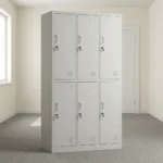 6-door steel storage locker cabinet featuring a light grey powder-coated metal finish, six individual locking compartments arranged in a 3-column by 2-tier layout, key locks with keyrings, recessed vertical handles, ventilation louvers, and built-in label holders on each door.