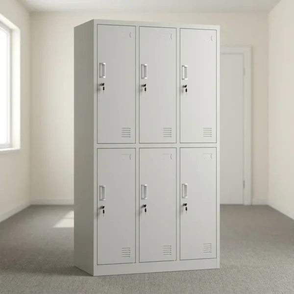 6-door steel storage locker cabinet featuring a light grey powder-coated metal finish, six individual locking compartments arranged in a 3-column by 2-tier layout, key locks with keyrings, recessed vertical handles, ventilation louvers, and built-in label holders on each door.