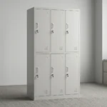 6-door steel storage locker cabinet featuring a light grey powder-coated metal finish, six individual locking compartments arranged in a 3-column by 2-tier layout, key locks with keyrings, recessed vertical handles, ventilation louvers, and built-in label holders on each door.
