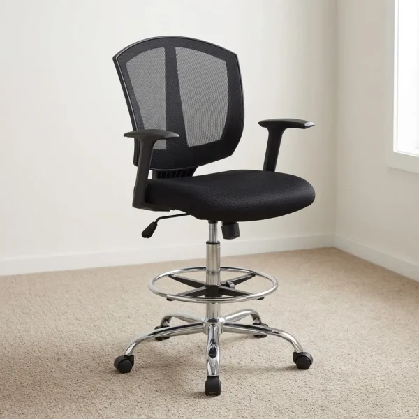 High counter cashier chair featuring a breathable black mesh backrest with built-in lumbar support, a padded fabric seat cushion, T-shaped armrests, an adjustable height foot ring, extended pneumatic height adjustment, and a polished chrome five-star swivel base on dual-wheel casters.