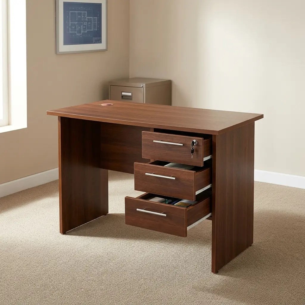 1.2m home office desk featuring a warm walnut wood finish, an integrated three-drawer side pedestal with pull-out drawers and modern silver handles, a lockable top drawer with keys included, a partial modesty panel, and a built-in cable grommet for wire management.