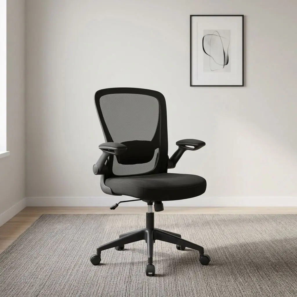 Mid back mesh office chair featuring a breathable black mesh backrest with integrated lumbar support, a thick padded fabric seat cushion, flip-up padded armrests, pneumatic height adjustment lever, tilt tension control, and a durable black nylon five-star swivel base with dual-wheel casters.