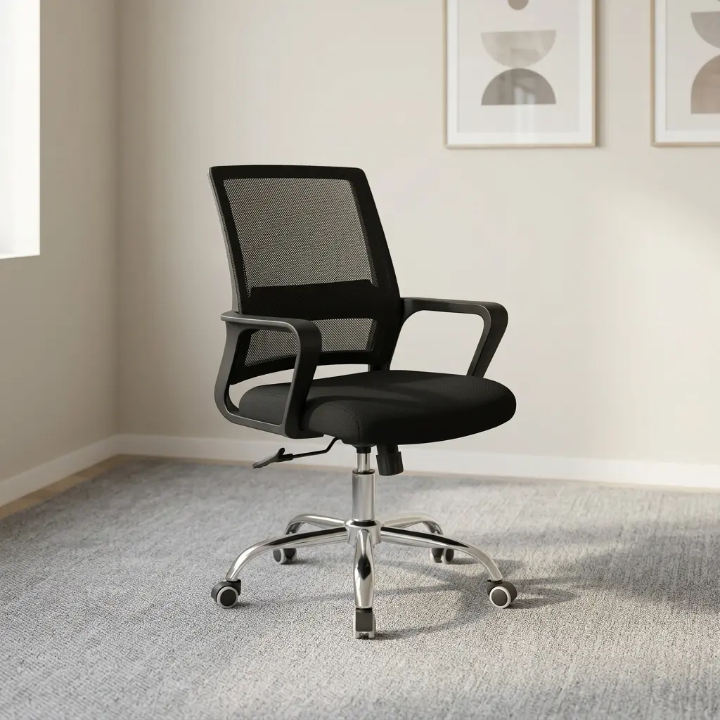 Mesh ergonomic office chair featuring a breathable black mesh backrest with integrated lower back support, a padded black fabric seat cushion, curved fixed armrests, a pneumatic height-adjustment lever, and a polished chrome five-star swivel base on smooth-rolling casters.