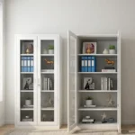 Full glass office file cabinet featuring a clean white powder-coated steel frame, full-length double tempered glass doors with recessed handles and a key lock, and four spacious interior shelves providing five tiers of visible storage.