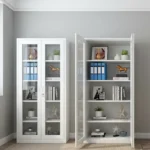 Full glass office file cabinet featuring a clean white powder-coated steel frame, full-length double tempered glass doors with recessed handles and a key lock, and four spacious interior shelves providing five tiers of visible storage.