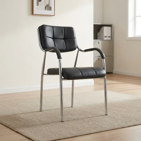 Armrest Catalina visitor chair featuring premium black leatherette upholstery with square grid tufting, integrated curved armrests with black padded covers, and a sturdy four-legged chrome metal tubular frame.