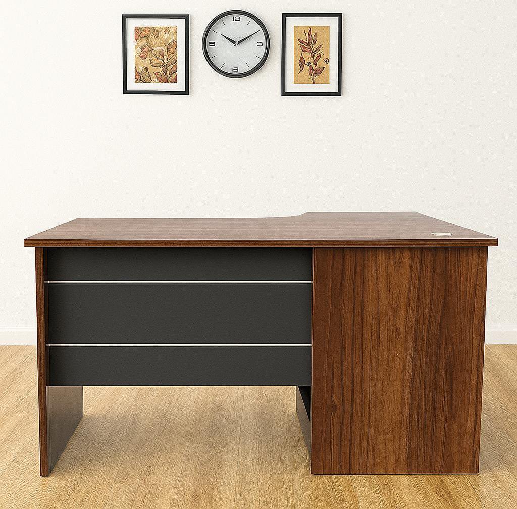 1400mm L-shaped executive table featuring a rich walnut wood laminate work surface with integrated cable pass-through grommet, a black three-panel modesty modesty guard with decorative metallic accent stripes, a side-attached return storage cabinet with a lockable drawer, swing-door cupboard, open shelving compartment, and full-panel wood floor supports.